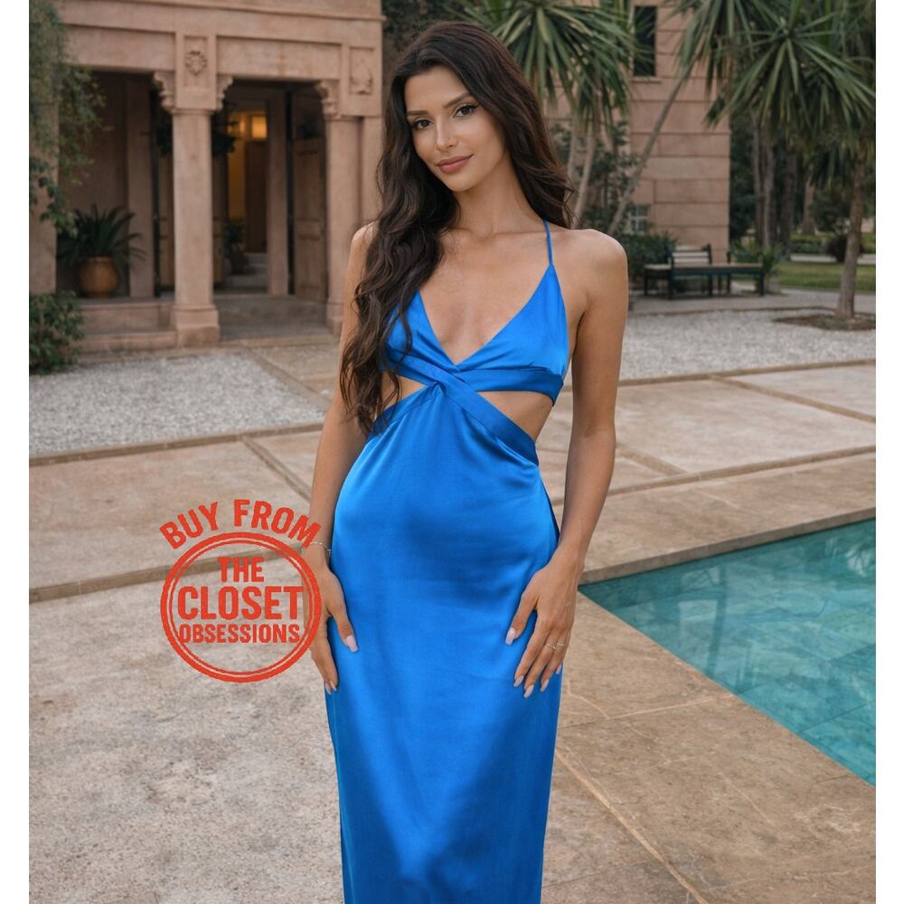 ZARA Electric Blue Cut-Out V-Neck Midi Dress NWT